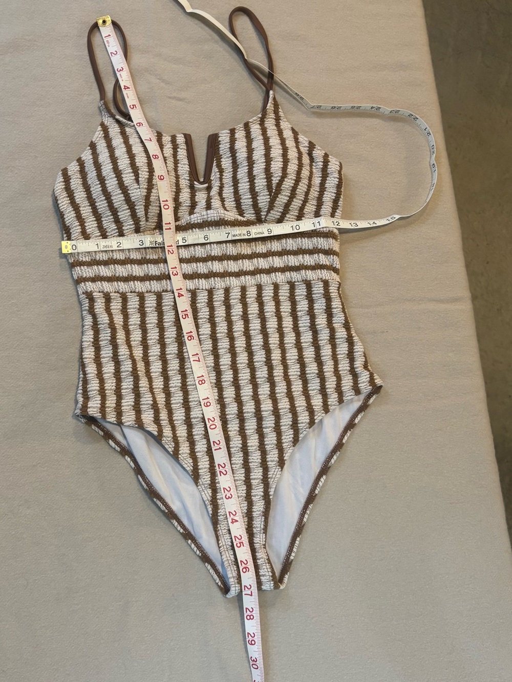 SHEIN Swim Striped Textured One-Piece Swimsuit in Cream and Brown Size M - Picture 6 of 9